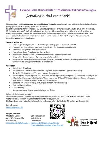 Päd. Fachkraft -  Naturkindergarten "Hand in Hand" in Aldingen