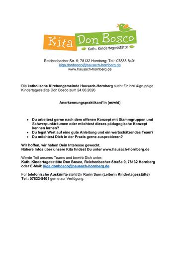 Anerkennungspraktikant/in Kita Don Bosco in Hornberg