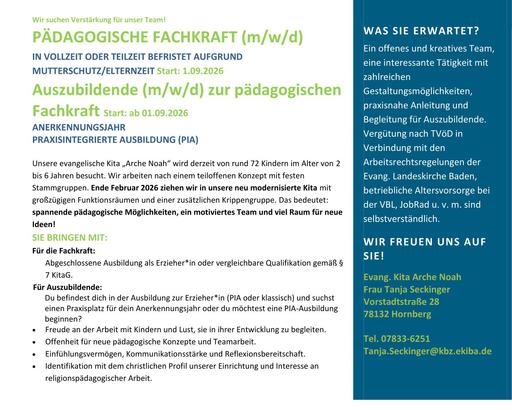 Stelle Kita Arche Noah Hornberg | Erzieher*in, PiA-Auszubildende, Anerkennungsjahr