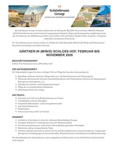 Stelle als Gärtner/in Schloss Hof, Niederösterreich, Februar bis November 2026